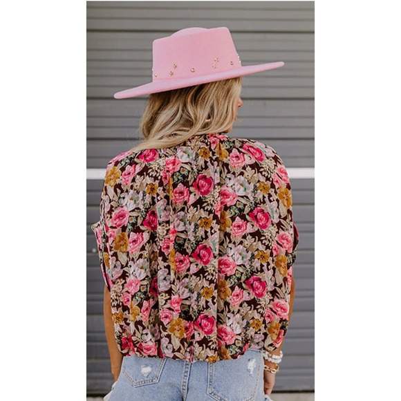 Entro Floral Print Chiffon Blouse Ruffle Neck Boho Romantic Short Sleeve Top  M‎ - Picture 2 of 12